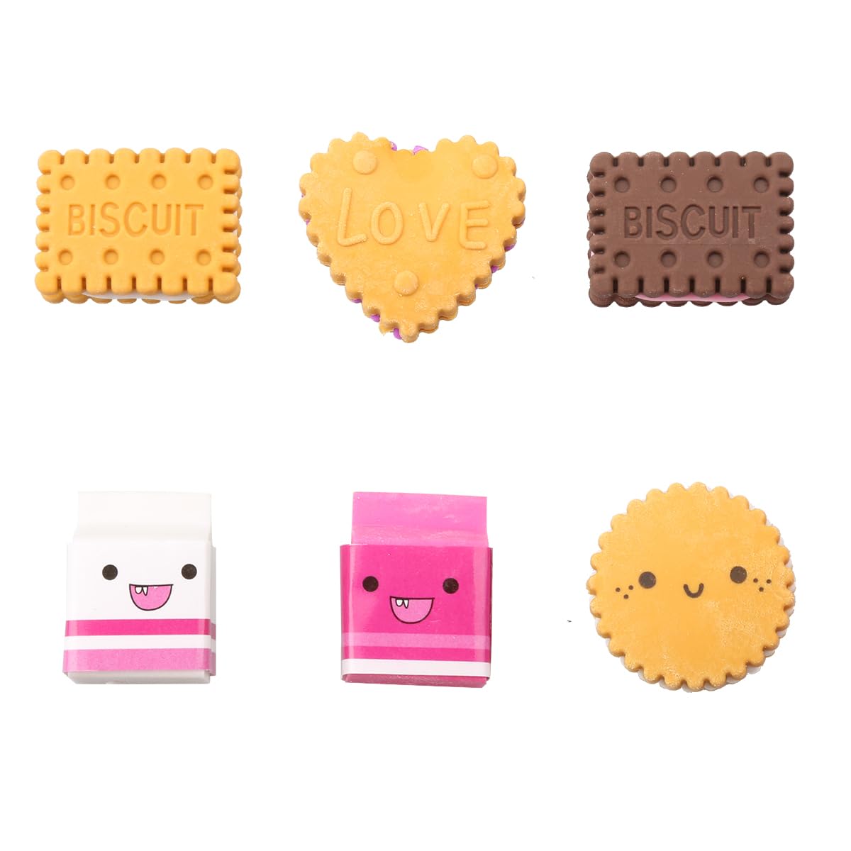 Luckious 6pcs Box-Packed Cute Kawaii Milk Cookies Biscuit Erasers - School Stationery Supplies Creative Gift for Kids, Children, Students