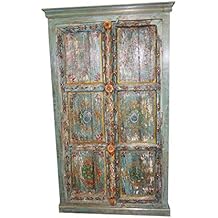 Mogul Interior Indian Antique Cabinet Armoire Distressed Teal Blue Jaipur Hand Painted Storage Chest