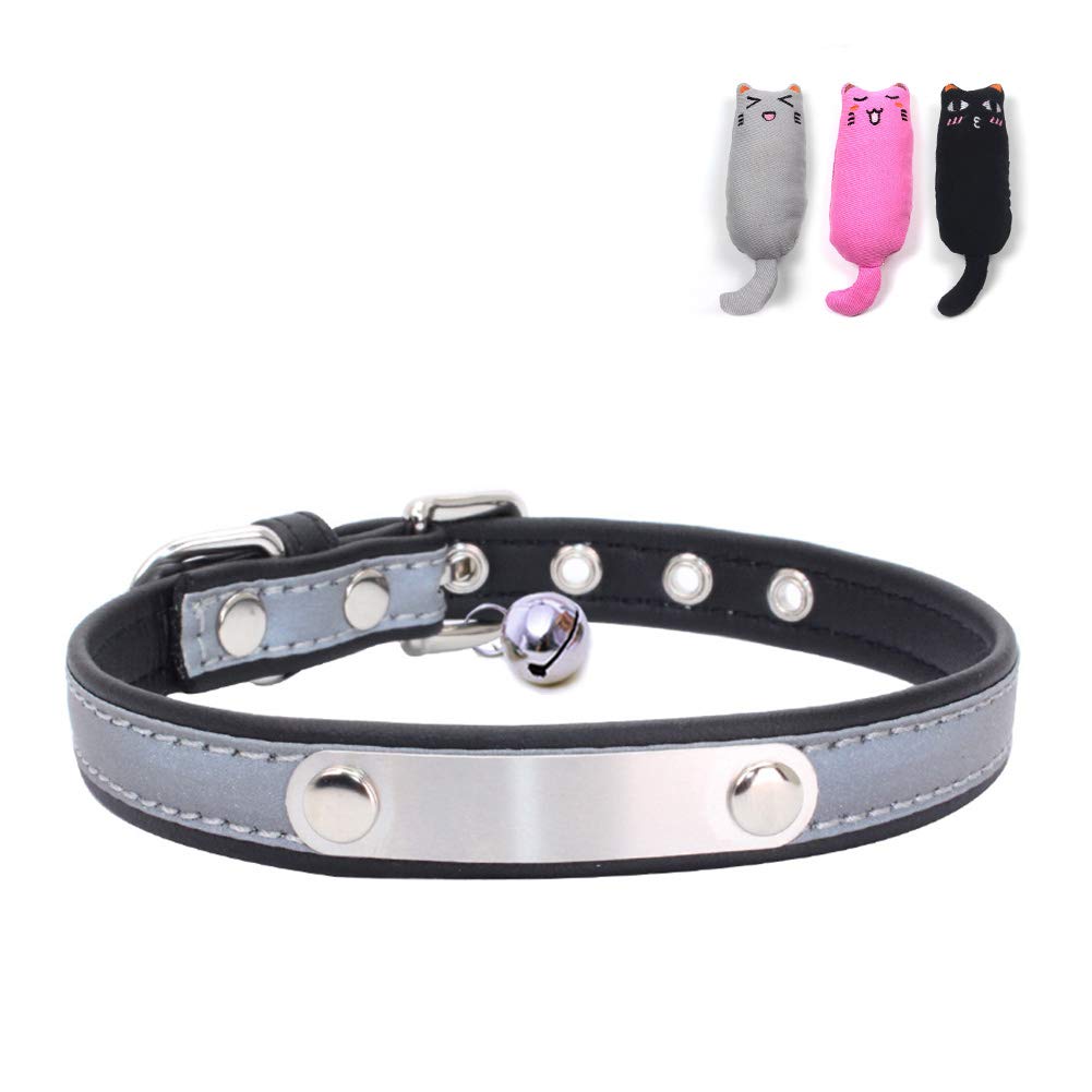 Leather Collar, Adjustable Pet Safety Straps, Reflect at Night and Great Fit,with Padding Waterproof,for Dog and Cat & Free Toys with Small Bell