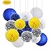 Yellow Navy Blue White Sliver Bridal Shower Decorations-16 pcs of Tissue Paper Pom Pom Paper Lanterns Yellow Navy Blue Themed Party Wedding Baby Showe Decoration (Yellow,Navy Blue,White,Sliver)