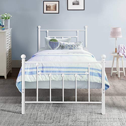 VECELO Classic Style Bed Frame Metal Platform Mattress Foundation for Kids Girls Boys Adults No Box Spring Needed with Steel Headboard & Footboard,Twin Size, White - Thumbnail 7
