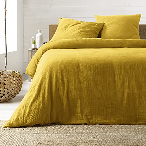 Douceur dInterieur, 3-Piece Bedding Set (240 x 220 cm) Angelia Yellow, 1 Face Cotton and 1 Side Cotton Gauze