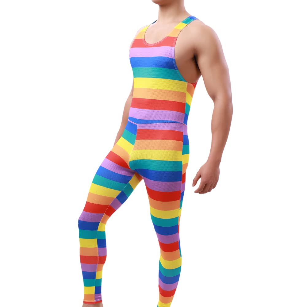 Juflam Men's Bodysuit Wrestling Singlet Athletic Leotard Underwear Gym Sportswear Undershirt (JJ90-rainbow, M)
