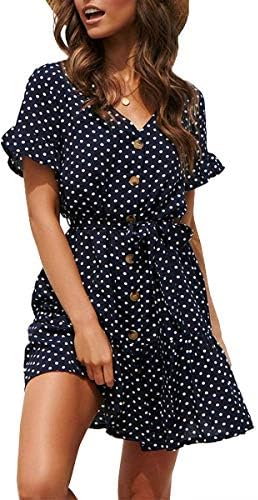 Womens Polka Dot Pleated Short Dress Casual V Neck Ruffle Sleeve Button Beach Dresses
