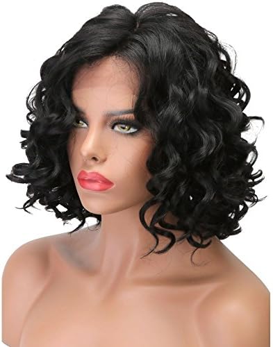 COLODO Short Body Wave Synthetic Lace Front Wigs for Women L Shapped with Natural Hairline 1B Color
