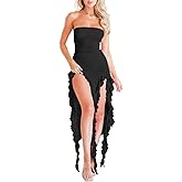 Women Summer Elegant Strapless Tube Midi Bodycon Dresses Irregular Ruffle Tassel Party Dress