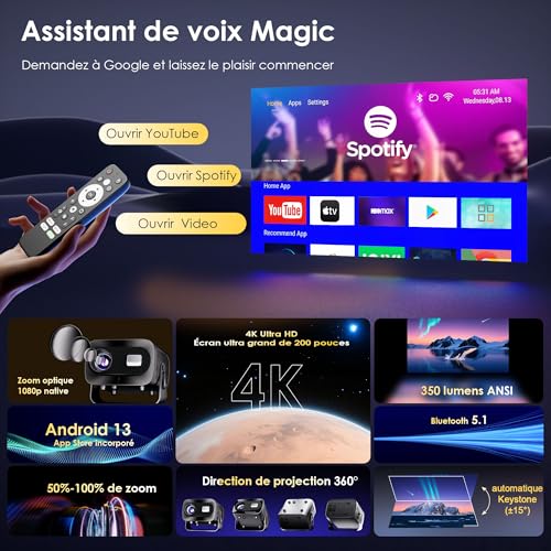 [Built-in App] 1080P 4K Video Projector Supports Mini Home Theater Projector Video Projector Support for Automatic Trapezoidal Correction, Android TV BT5.1 360° Rotation, TV Stick/with HDMI,