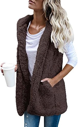 Womens Sleeveless Fuzzy Cardigan Hoodie Sherpa Fleece Open Front Vest With Pockets