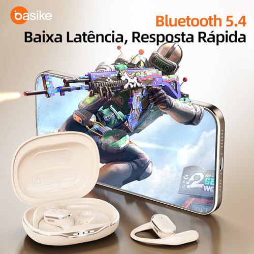 Fone De Ouvido Bluetooth Esportes, Basike T6, IPX5/OWS Fone de Ouvido Estéreo Hi-Fi, Suporta Chamadas de Voz, 60 Horas em Standby Para Corrida e Exercícios ao Ar Livre (Branco)