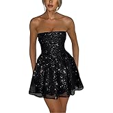 AIBEARTY Women's Sexy Glitter Off Shoulder Mini Dress Shiny Strapless Pleated A Line Dress for Party Club