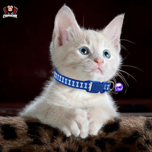 Chipmonk Cat & Puppy Collar with Bell,Kitten & Small Dogs Soft Adjustable,Safe,Solid & Protective Breakaway for Cats & Puppies,Cute Kitty Neckband with Multi Bones Print-(Dark Blue,Green,Blue) 4
