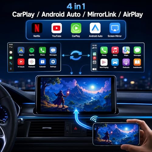 Tefire 4 in 1 Wireless CarPlay Adapter, For Factory Wired CarPlay Cars, 5.8Ghz Stable, Screen Mirroring, Android Auto, Bluetooth Calling, Universal for iPhone Android (black white)