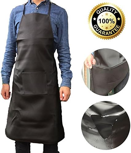 Waterproof Apron Leather Vinyl Group Grease Resistant, Pocket, Washable, Cooking Kitchen Suitable for Men (Black)