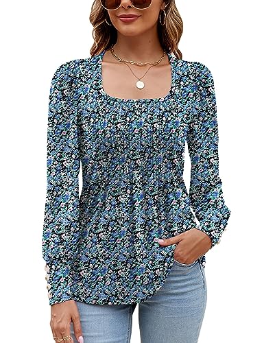 WOMENS SQUARE NECK TOPS FALL CASUAL PLEATED SHIRTS PUFF LONG