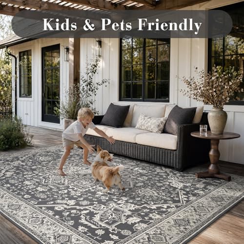 Engiw-Outdoor Rug-Patio Rug 8x10 Textured Weave Machine Washable Quick Dry Outdoor Carpet Braided Vintage Non Slip Indoor Outdoor Rug for Deck Porch Balcony Backyard Blackish Grey