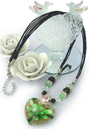 Amazon ペンダント 箔入りガラス ハートフラワー グリーン ガラス細工 ネックレス ハンドメイドアクセサリー ロマンチック スイート ネックレス 通販