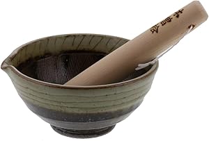 Zen Table Japan Ceramic Mortar & Pestle Set (Suribachi & Surikogi) with Spout 6.5 inches Handmade Traditional Style Made in Japan