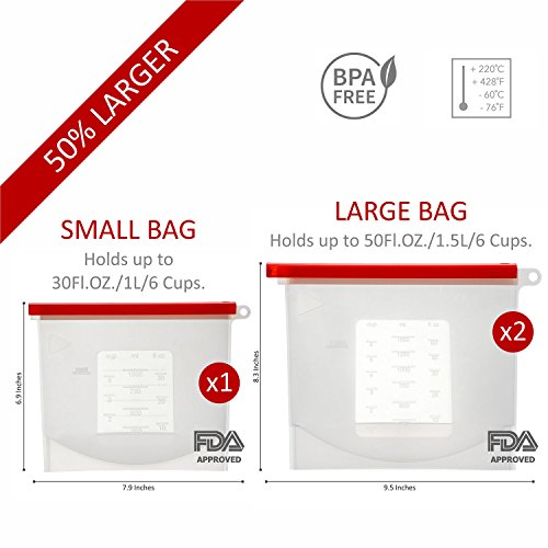 Reusable Silicone Food Storage Bags 3 Pack - 2 x Large 50 oz, 1 x Small 30 oz, Food Grade BPA-Free, Airtight Zip Seal, Leak Proof, Keeps Fruits and Vegetables Fresh - Criss Elite