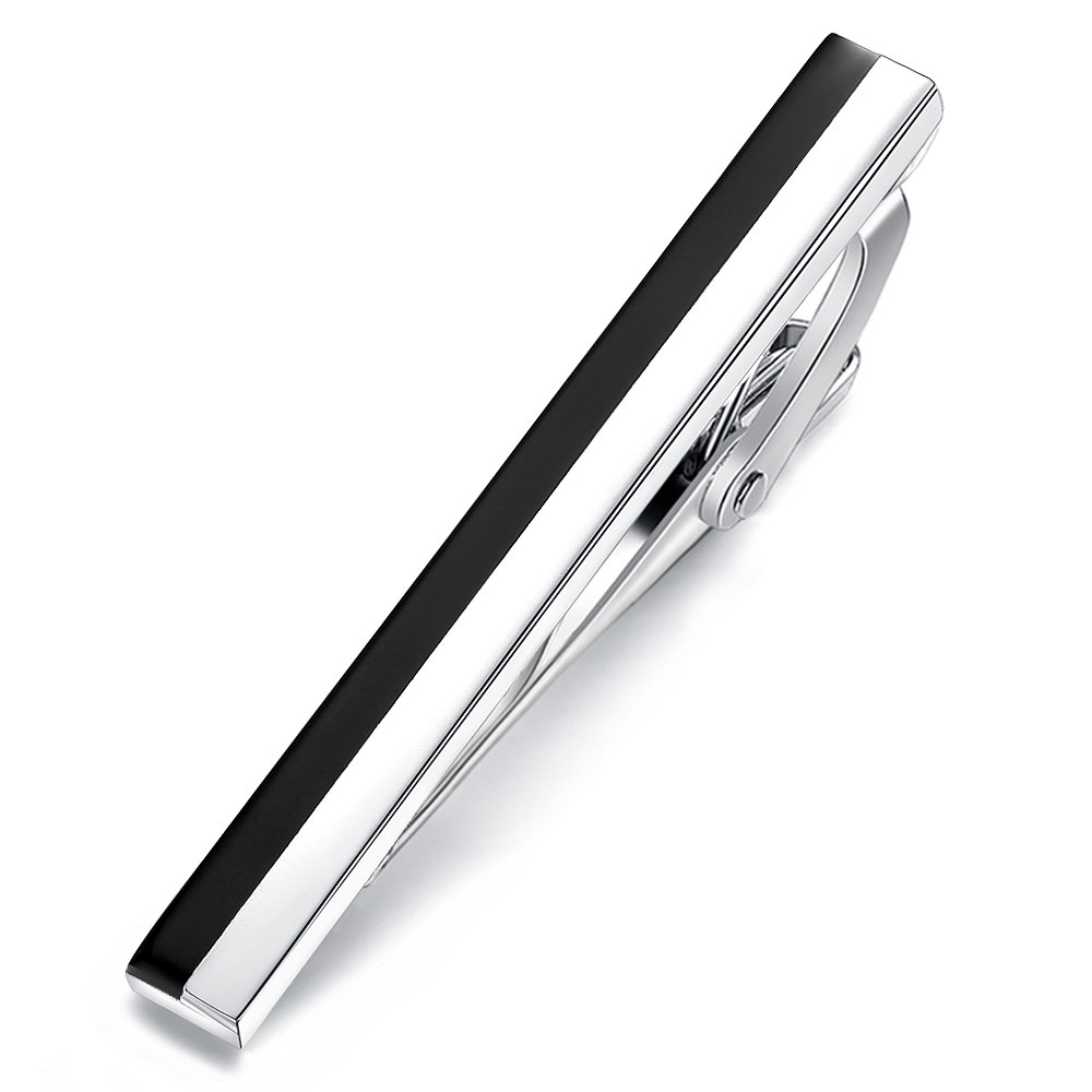 HONEY BEAR 2.12" Tie clips Bar for Men - Normal Size 5.4cm Silver with Black