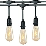 18Ft Outdoor Weatherproof String Lights with 12 Hanging Sockets & 7Watt ST40 Clear Bulbs, UL Listed E17 Base Vintage Edison Light String for Patio, Porches, Bistro, Backyard, Black Wire
