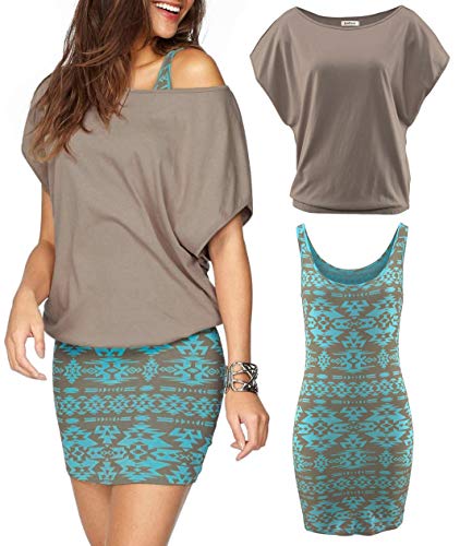 Jusfitsu Women Summer Outfits 2 Piece Dresses Casual Loose Shirt Top Print Bodycon Mini Tank Dress Off Shoulder Khaki S
