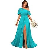 Clothfun One Shoulder Short Sleeve Chiffon Bridesmaid Dress Long High Waist Formal Dresses CYN060