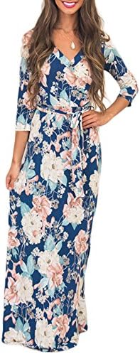 Lavi Beauty Women's Floral Print 3/4 Sleeve Faux Wrap Maxi Casual Dress with Belt