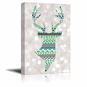 Green Deer Silhouette with zentagle Patterns on a Silver Colored Bokeh Background - Canvas Art Home Art - 12x18 inches