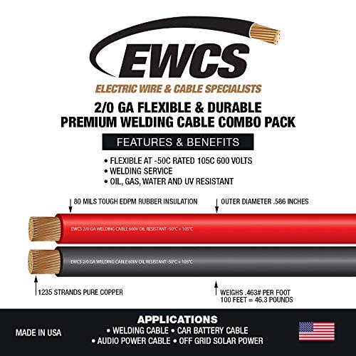 TEMCo 1/0 Gauge Welding Cable - 75 Ft Black + 75 Ft Red, Flexible Copper Made In USA