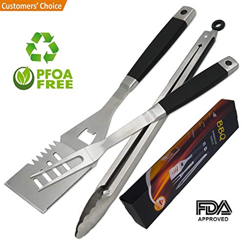 BBQ Grill Tools Set Barbecue Utensils Grilling Accessories 3 Piece Heavy Duty Stainless Steel Premium BBQ Tool Kit For Spatula,Tongs,Fork Unique Birthday Gift For Dad
