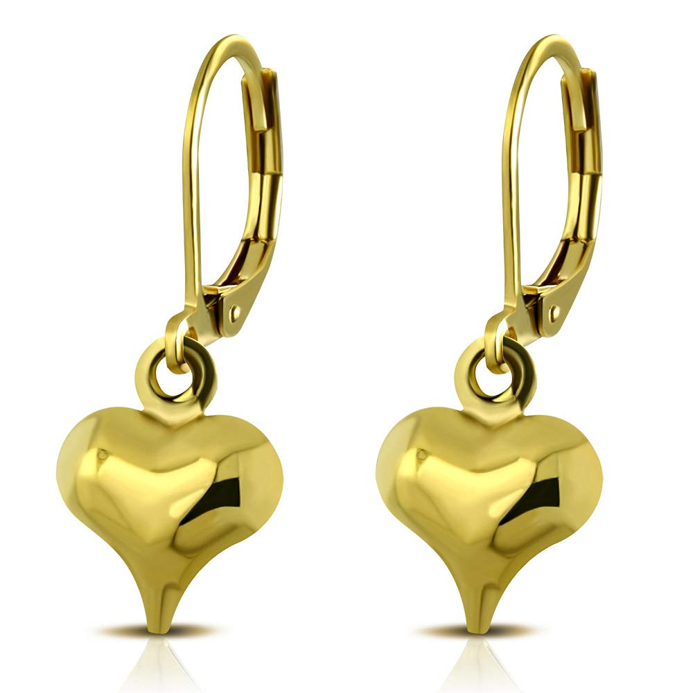 555Jewelry Womens Stainless Steel Heart Love Cute Dangle Drop Stud Dainty Small Simple Smooth Casual Everyday Gift Box Ladies Jewelry Fashion Accessory Lever Back Earrings, Yellow Gold