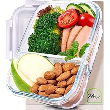 Prep Naturals Glass Meal Prep Containers Glass 2 Compartment - Glass Food Storage Containers Glass Storage Containers with Lids - Divided Glass Lunch Containers Food Container 24 Ounce
