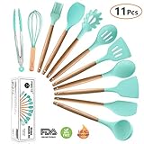 Silicone Cooking Utensils Kitchen Utensil Set, MIBOTE 11 Pieces Acacia Wooden Cooking Tool Turner Tongs Spatula Spoon For Nonstick Cookware - Best Kitchen Tools Gadgets (Green)