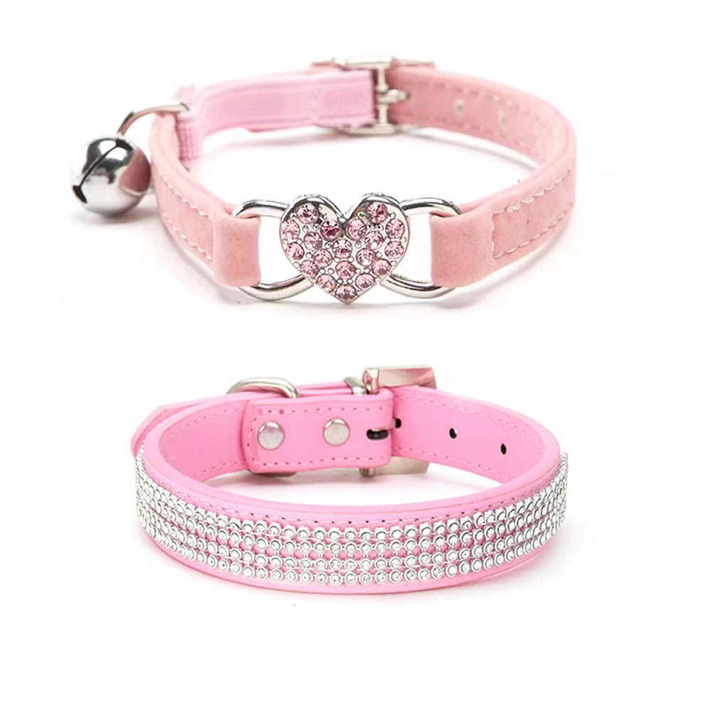 MiaLover 2 Pieces Rhinestone Adjustable Dog Collars Leather Glitter Dog Collars Bling Cat Collar Peach Heart Bell for Small Dogs and Cats Dog Decoration Gift Two Styles (Pink)