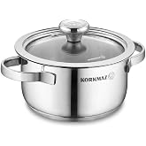 Korkmaz Minika Stainless Steel Cooking Pots with Glass Lids, Steel Casseroles, Multipurpose Cookware KORKMAZ MINIKA INOX 12 CM CASSROLE - A1399 (Small 33 fl oz)