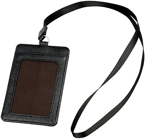 Lanyard Badge Holder | Double-Sided Vertical ID Credit Card Badge Name Holder with Lanyard | Soft PU Leather ID Holder with Front Clear Window for Employee Office Worker Student | Black | 1576