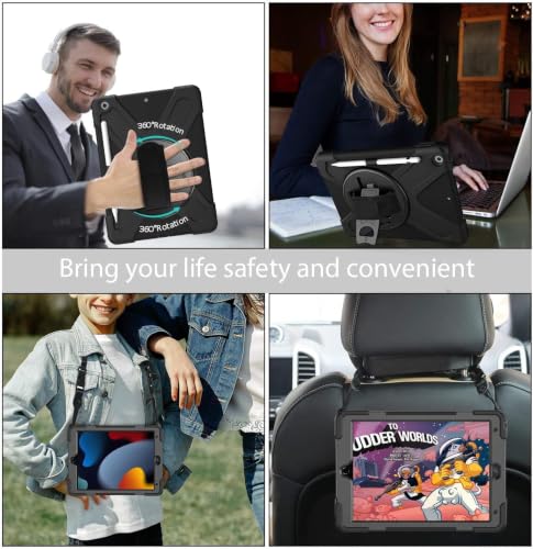 Gerutek Shockproof Case for iPad 9th/8th/7th Generation, 10.2 Inch, Rugged Armor Case with Rotating Stand, Hand Strap & Shoulder Strap, Pen Holder, Sleeve for iPad 10.2 Inch (2021/2020/2019), Black