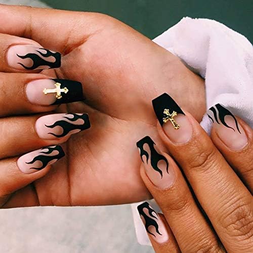 Belicey Short Ballerina Press On False Nails Black Flame Coffin Fake Nails Full Cover Acrylic Arts False French Nail Tips For Women Teen Girls 24pcs