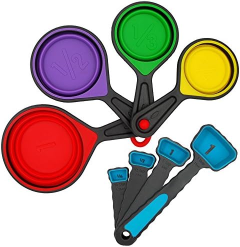 TANKING Collapsible Folding Silicone Measuring Cups and Spoons,8 Piece Portable Set for Travel, Pet Supplies of Outdoor, Long Trip, Camping,Hiking,Journeys- Dishwasher Safe (Blue)