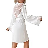 ChiaoLezhee Women's Bridal Satin Short Robe, Polka Dot Mesh Back, Eyelash Lace Long Sleeve, Sexy Wedding Loungewear