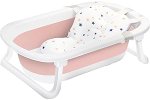 UBRAVOO Newborn Baby Bath Tub with Drain Hole, Foldable Toddler Bathtub with Soft Cushion Pad, Portable Travel Bathtub Built in Anti-Slip Support for Newborn 0-36 Month (Pink-White)