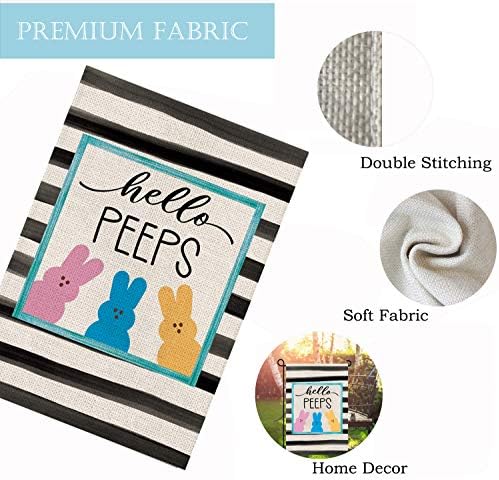 Double-sided burlap backyard flag with decor.