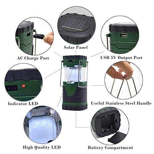 ZUYE Rechargeable Camping Lantern,2 Pack Solar Camp Lights Charge Android Phones Battery Powered Camping LED 3 Charging Modes Camping Accessories Emergency Hurrican Outage Survival Kit - Green 2 Pack
