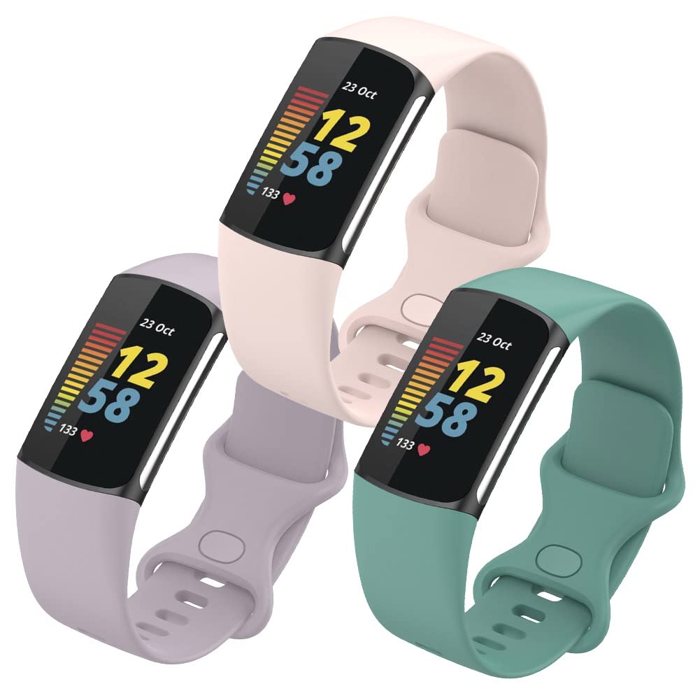 FunBand Straps Compatible with Fitbit Charge 5 Strap, Soft Silicone Sport Replacement Band Adjustable Wristband fit Compatible with Fitbit Charge 5 Activity Tracker for Women Men, 3-Pack