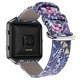 YOUKEX Compatible with Fitbit Blaze Bands, Floral Printed Leather Wristband with Black Stainless Steel Frame for Fitbit Blaze Smartwatch Women Men
