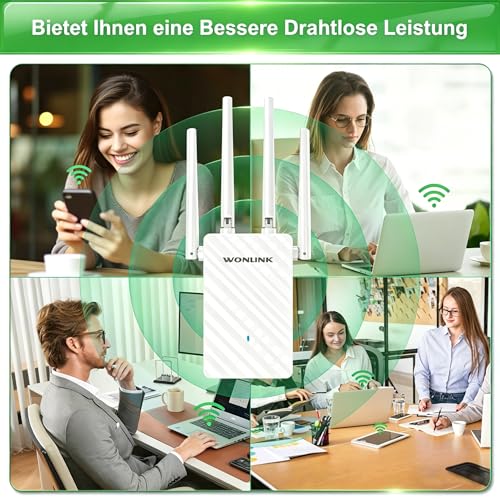 WONLINK WiFi Amplifier, WLAN Repeater 1200 Mbps Dual Band with 4 Antennas and Ethernet Port, Supports WPS & MU-MIMO, 3 Operating Modes Repeater Router AP, with Signal Display, Ideal for Home and