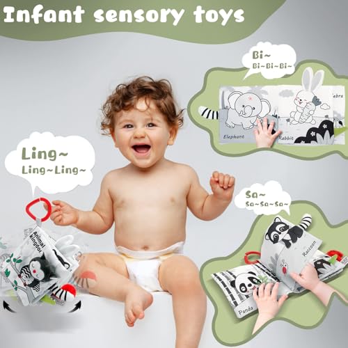 Crinkle Soft Baby Books, 3D Touch and Feel High Contrast Cloth Book, Sensory Baby Toys for 0-6-12 Months, Early Learning Stroller Toys, Ideal Gifts for Infants and Toddlers