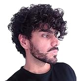 Baruisi Short Curly Mens Black Wig Fluffy Synthetic Cosplay Halloween Hair Wig for Men