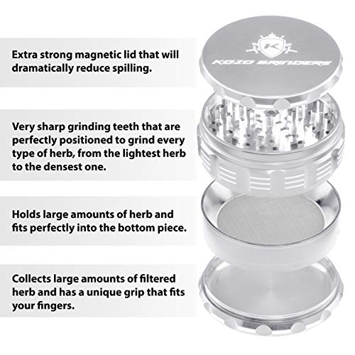 Kozo Best Herb Grinder [Upgraded Version]. Large 4 Piece, 4" Silver