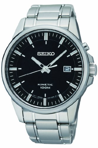 Seiko Black Dial Stainless Steel Kinetic Mens Watch SKA529